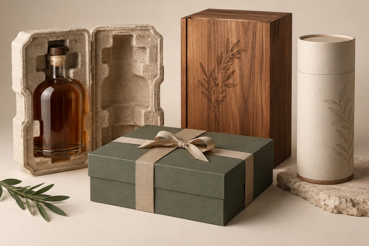 Custom packaging craft — pulp insert, wooden box and paper gift boxes